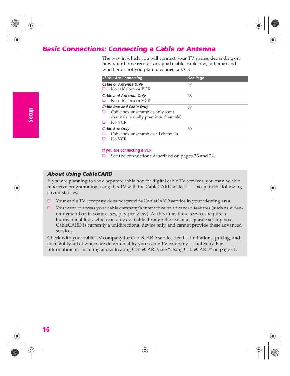 Basic connections: connecting a cable or antenna, About using cablecard | Sony KD-32XS945 User Manual | Page 17 / 107