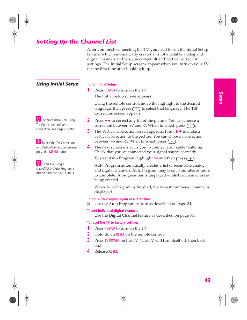 Setting up the channel list, Using initial setup | Sony KD-32XS945 User Manual | Page 44 / 107