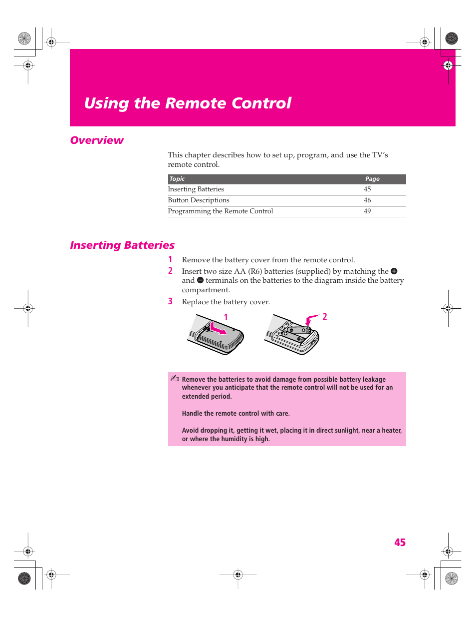 Using the remote control, Overview, Inserting batteries | Overview inserting batteries | Sony KD-32XS945 User Manual | Page 46 / 107