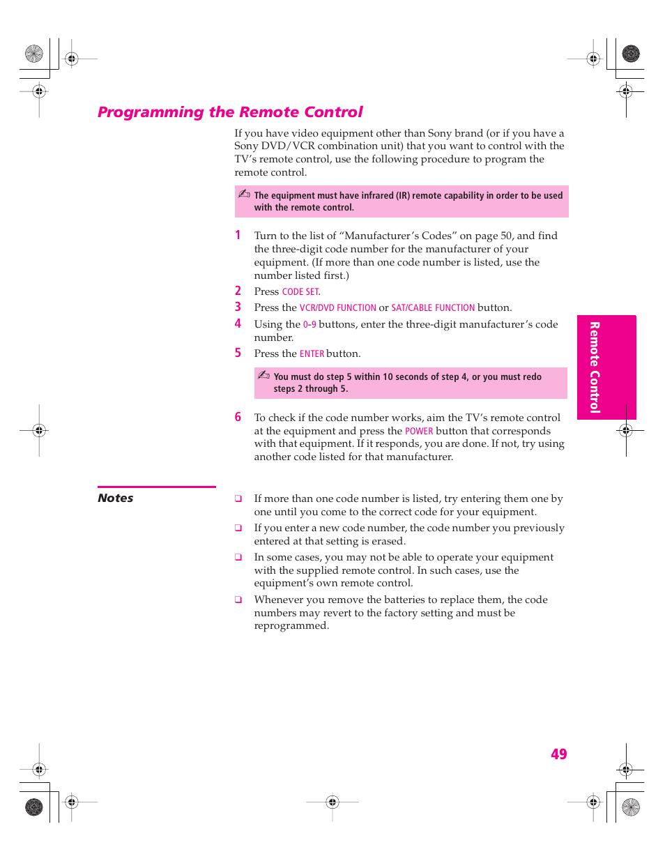 Programming the remote control, Notes | Sony KD-32XS945 User Manual | Page 50 / 107