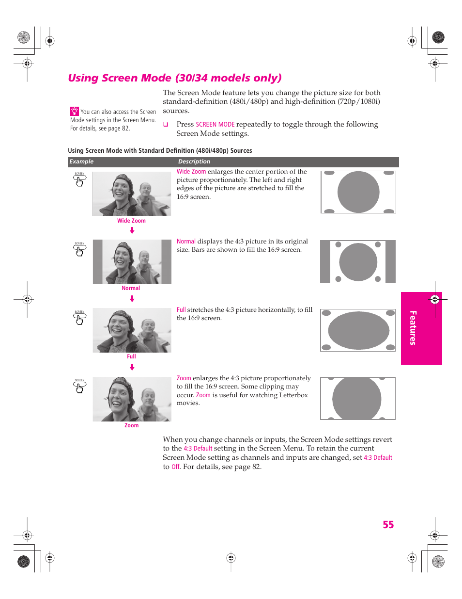 Using screen mode (30/34 models only) | Sony KD-32XS945 User Manual | Page 56 / 107