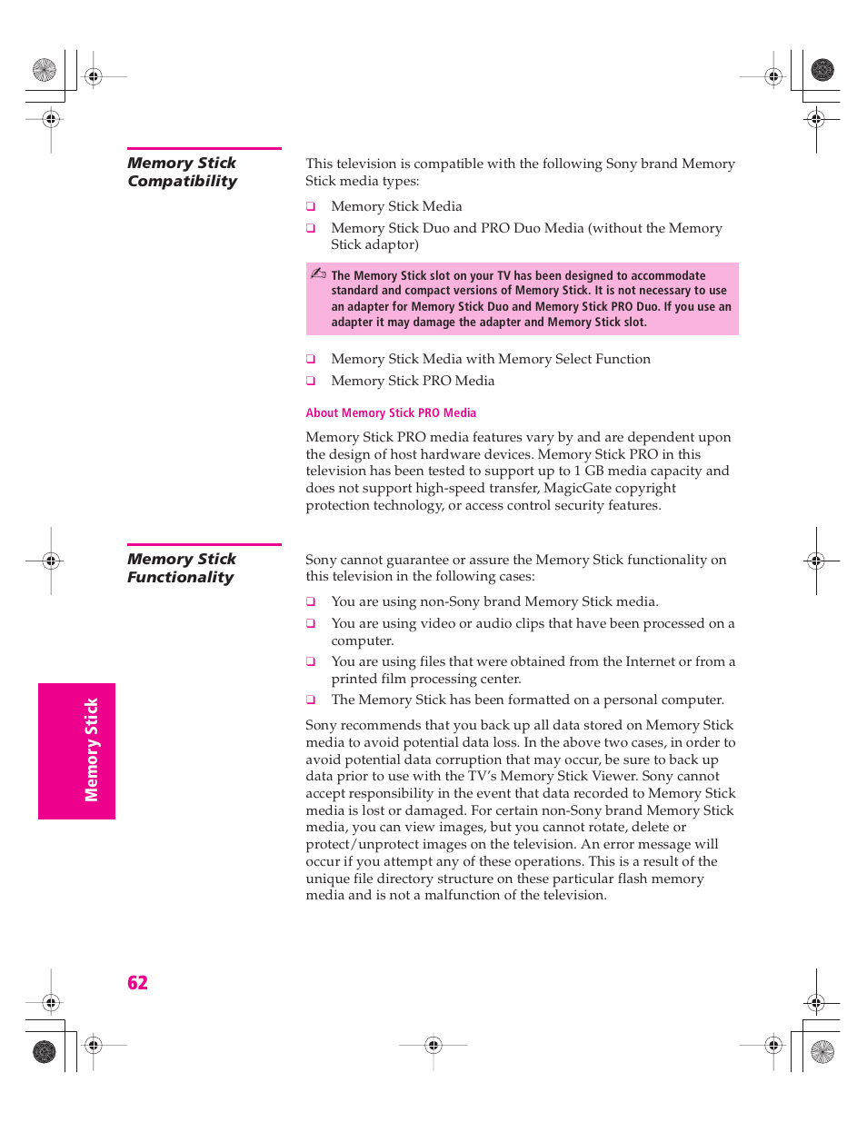 Memory stick compatibility, Memory stick functionality | Sony KD-32XS945 User Manual | Page 63 / 107