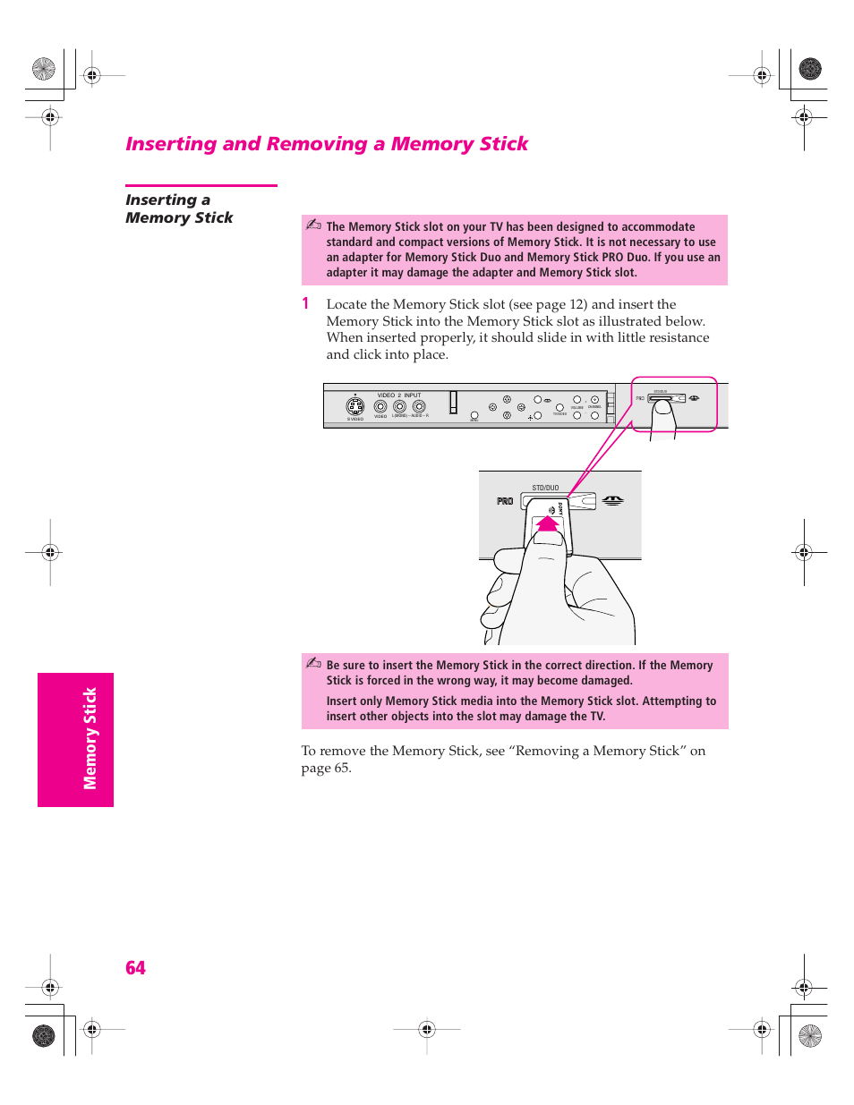 Inserting and removing a memory stick, Inserting a memory stick | Sony KD-32XS945 User Manual | Page 65 / 107