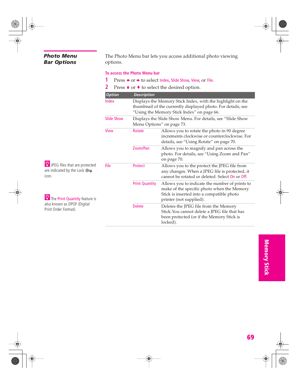 Photo menu bar options | Sony KD-32XS945 User Manual | Page 70 / 107