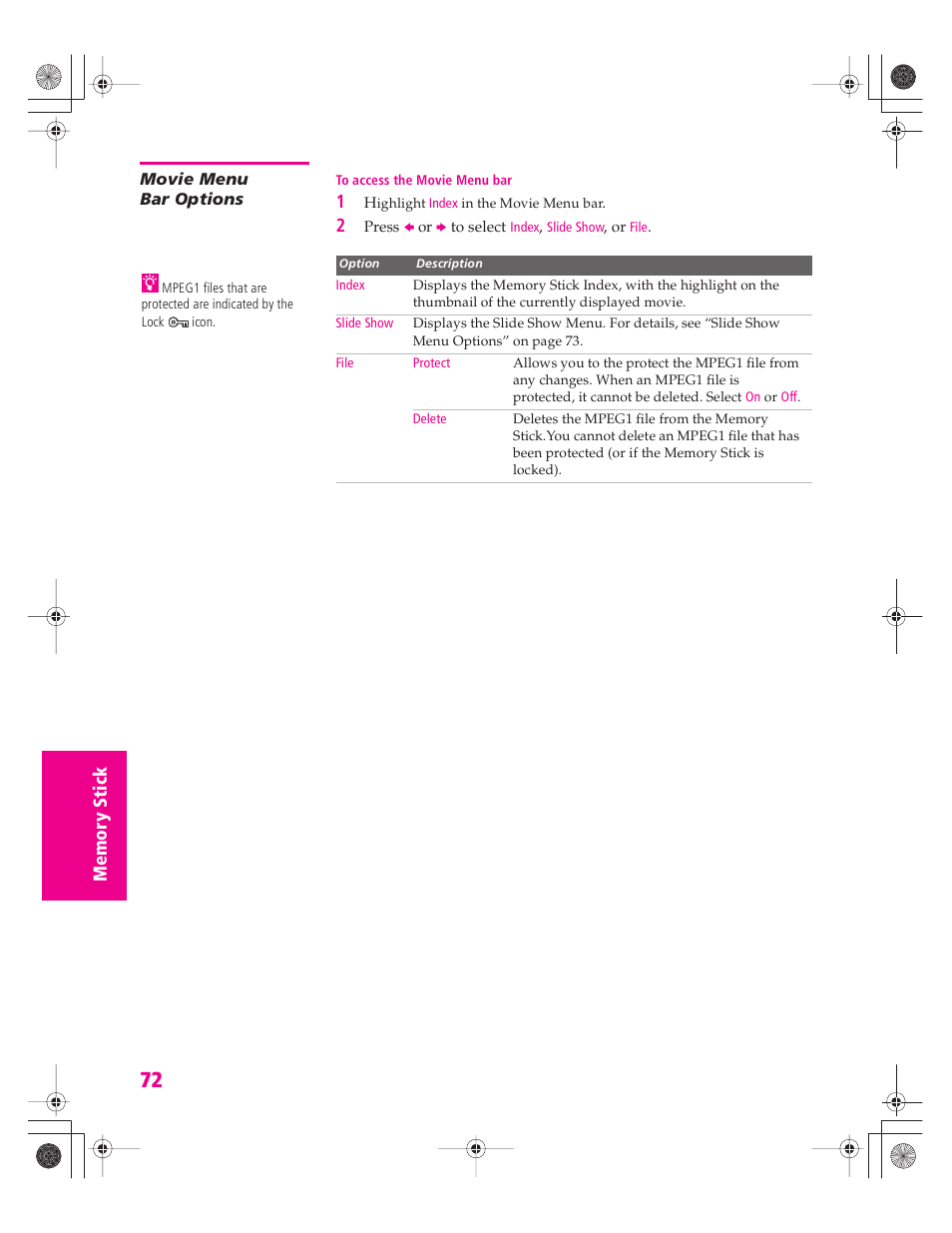 Movie menu bar options | Sony KD-32XS945 User Manual | Page 73 / 107