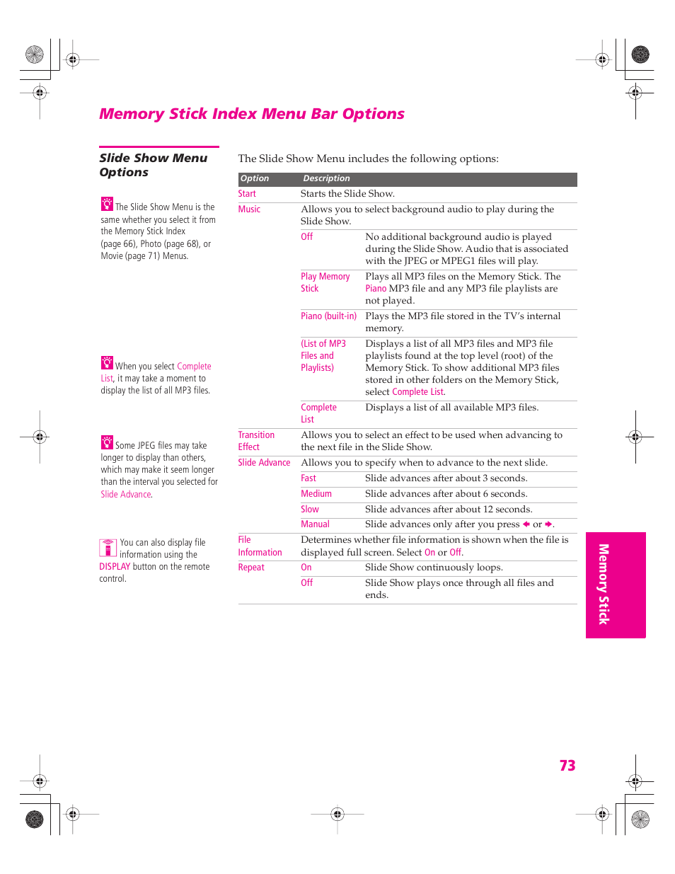 Memory stick index menu bar options, Slide show menu options | Sony KD-32XS945 User Manual | Page 74 / 107