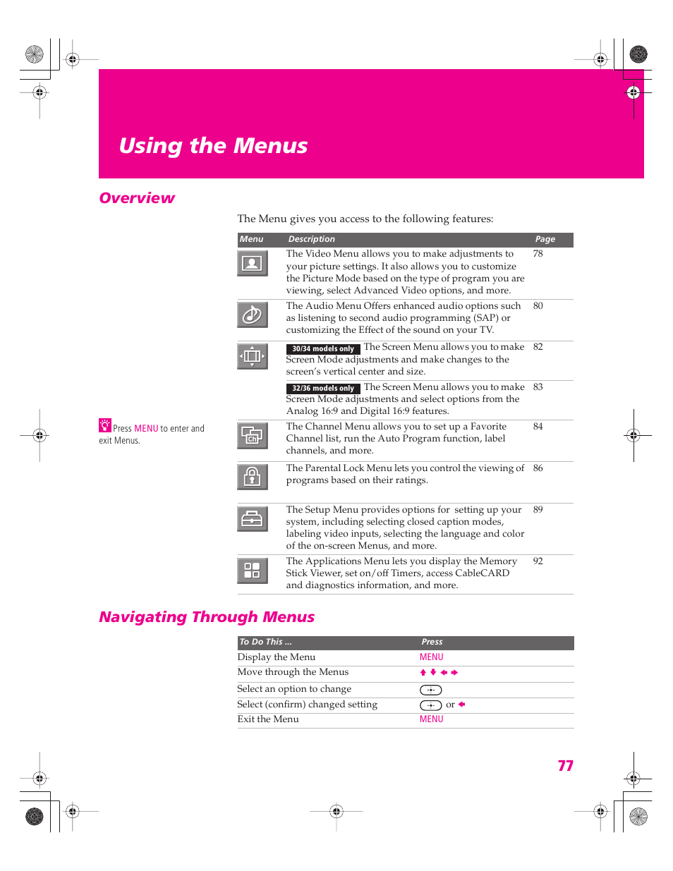 Using the menus, Overview, Navigating through menus | Overview navigating through menus | Sony KD-32XS945 User Manual | Page 78 / 107