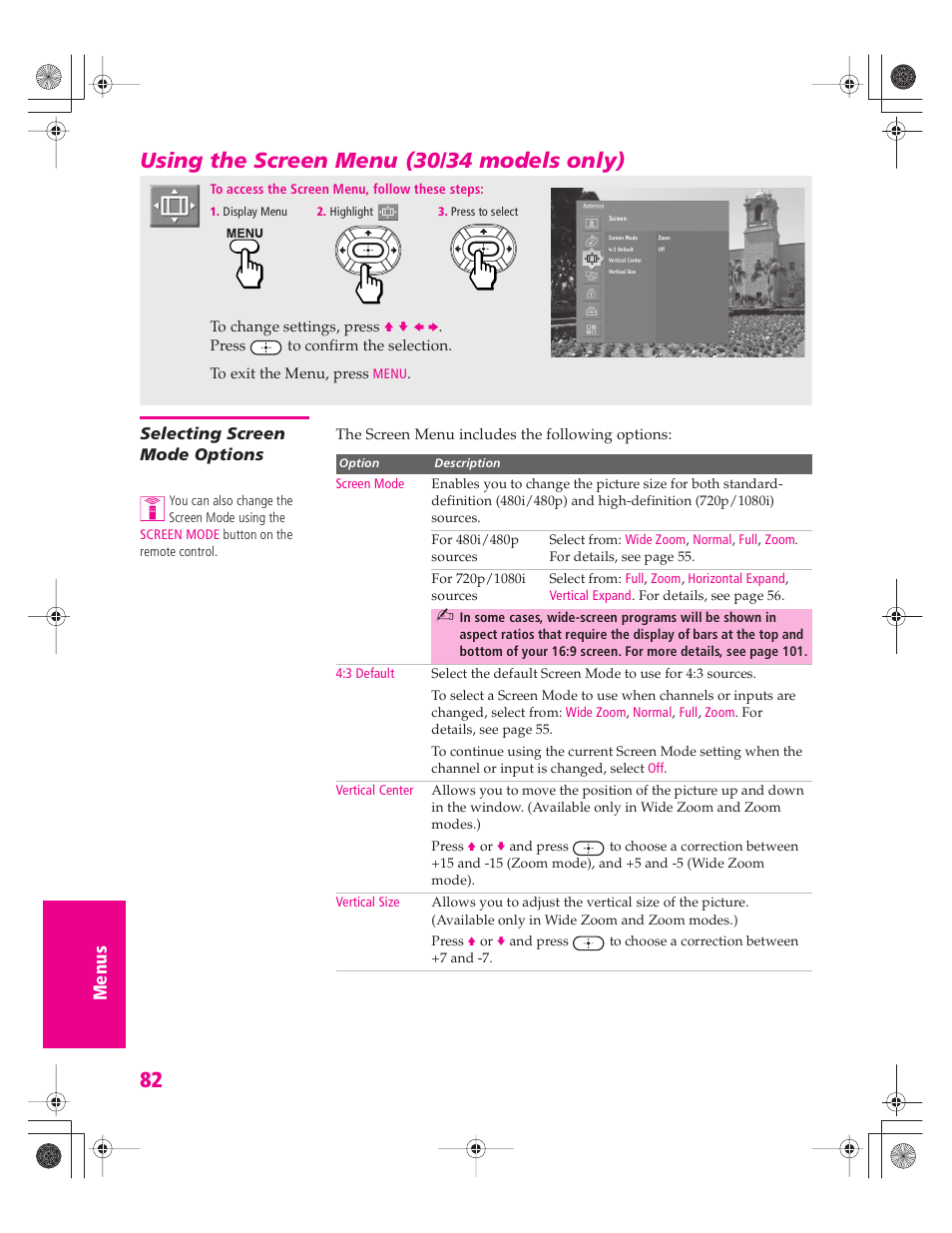 Using the screen menu (30/34 models only), Selecting screen mode options | Sony KD-32XS945 User Manual | Page 83 / 107