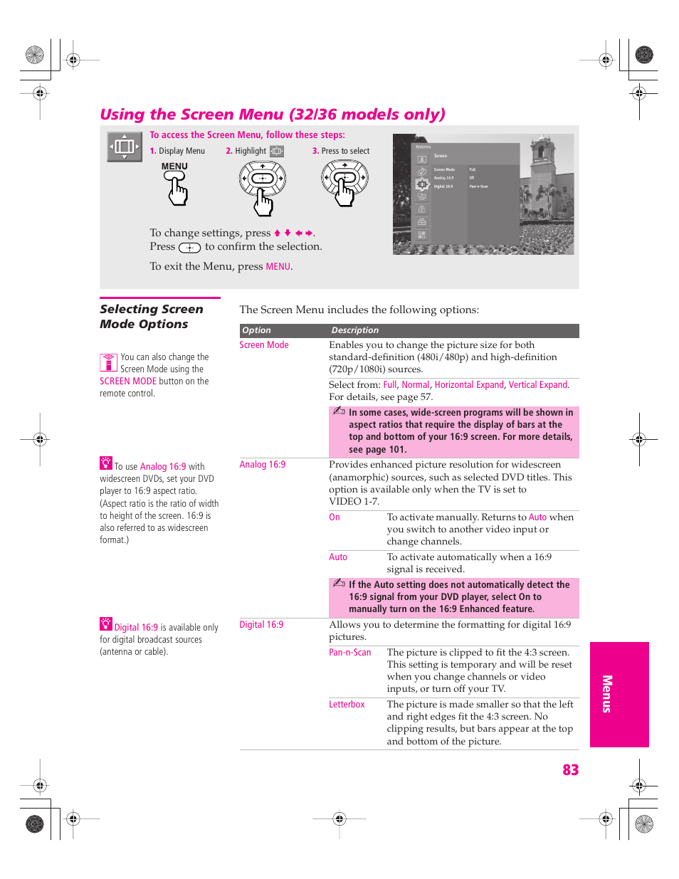 Using the screen menu (32/36 models only), Selecting screen mode options | Sony KD-32XS945 User Manual | Page 84 / 107