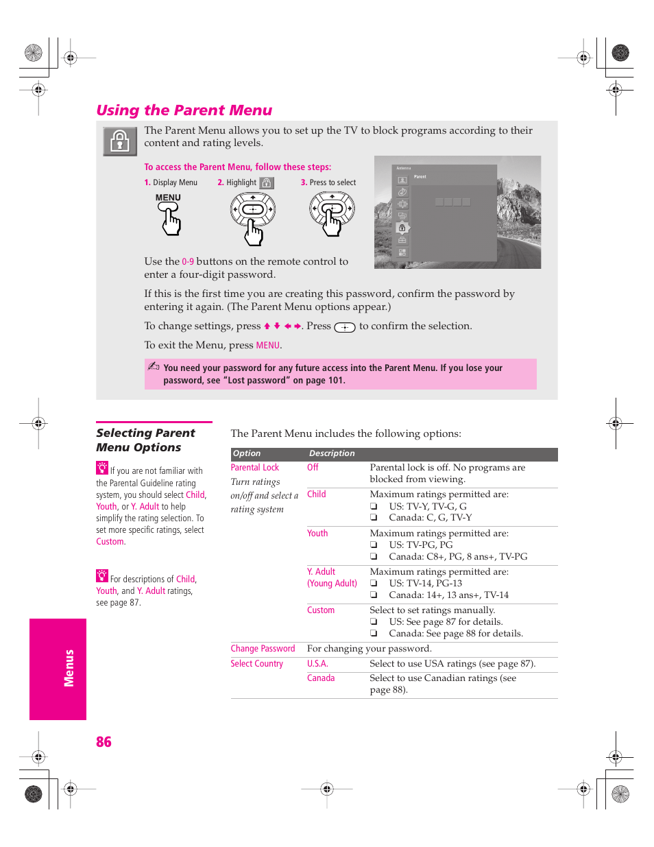 Using the parent menu, Selecting parent menu options | Sony KD-32XS945 User Manual | Page 87 / 107