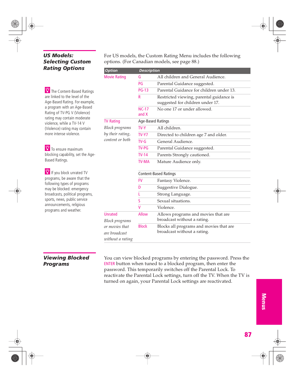 Us models: selecting custom rating options, Viewing blocked programs, Us models:selecting custom rating options | Sony KD-32XS945 User Manual | Page 88 / 107