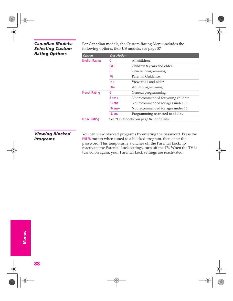 Canadian models: selecting custom rating options, Viewing blocked programs | Sony KD-32XS945 User Manual | Page 89 / 107