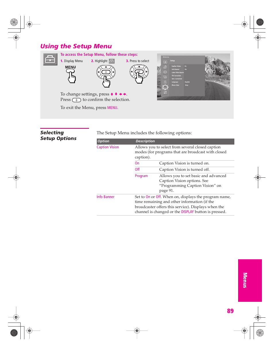 Using the setup menu, Selecting setup options | Sony KD-32XS945 User Manual | Page 90 / 107