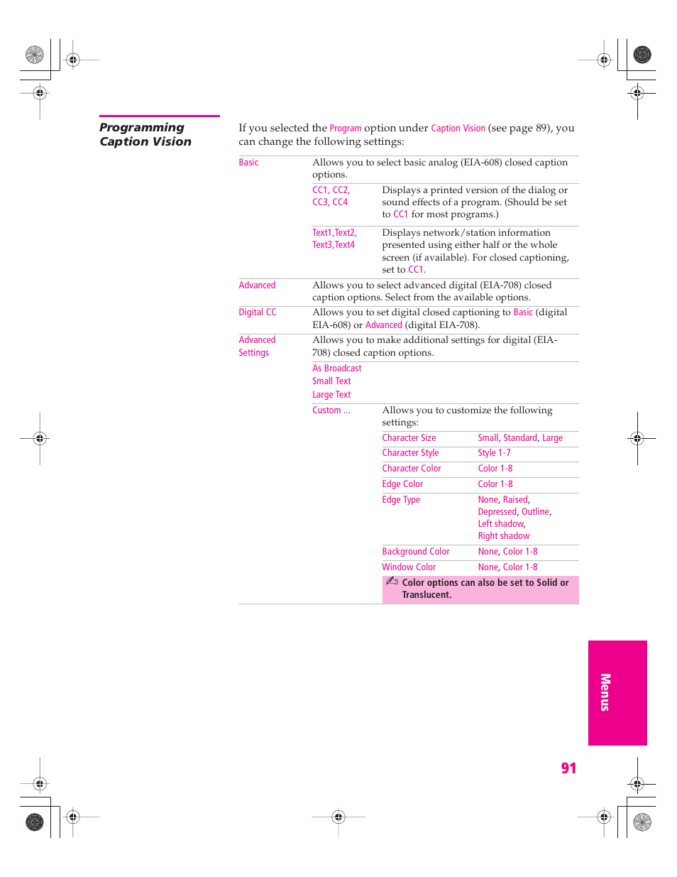 Programming caption vision | Sony KD-32XS945 User Manual | Page 92 / 107