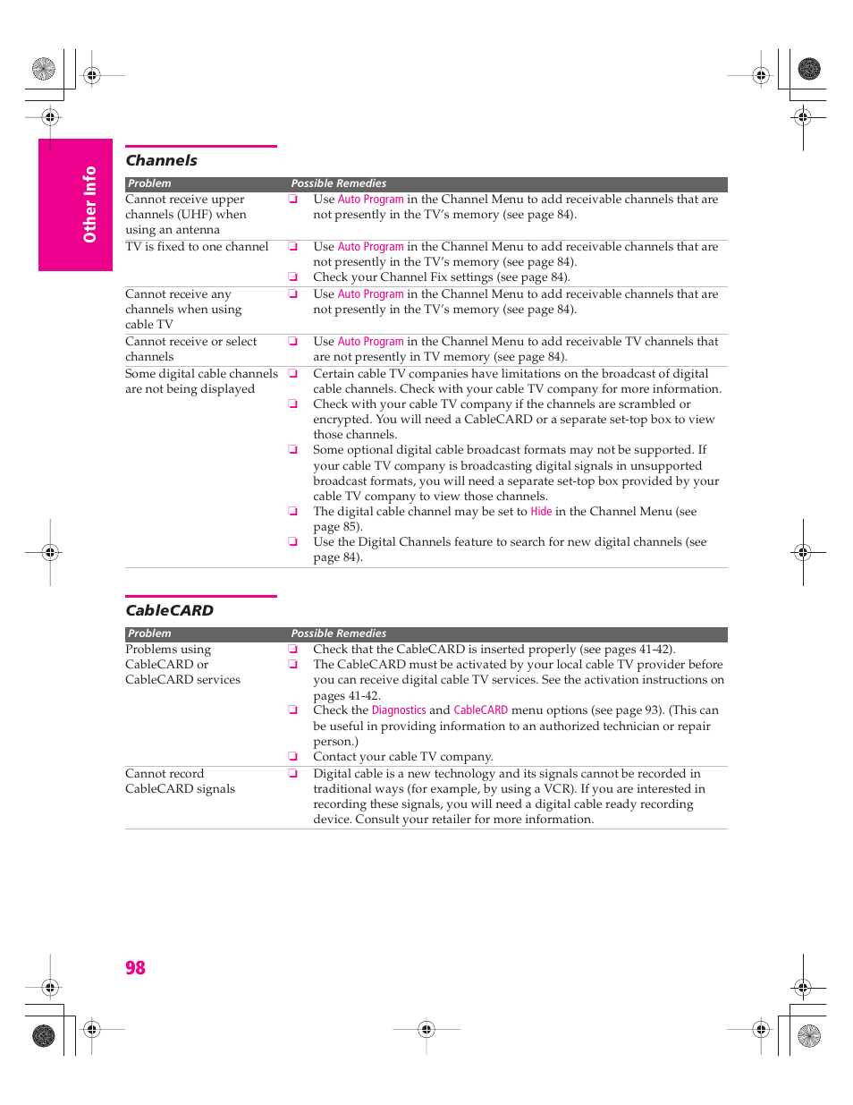 Channels, Cablecard | Sony KD-32XS945 User Manual | Page 99 / 107