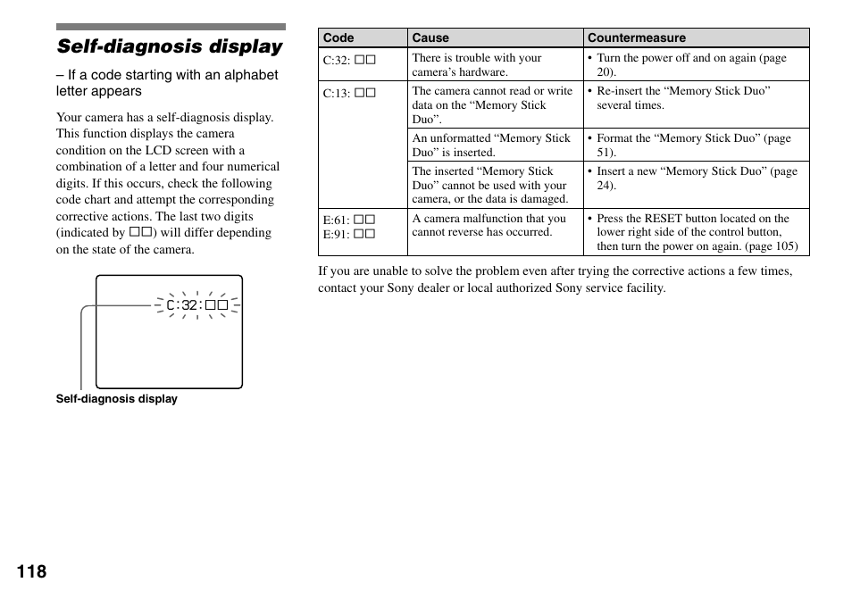 Self-diagnosis display | Sony DSC-T33 User Manual | Page 118 / 144