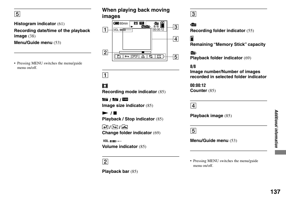 When playing back moving images | Sony DSC-T33 User Manual | Page 137 / 144