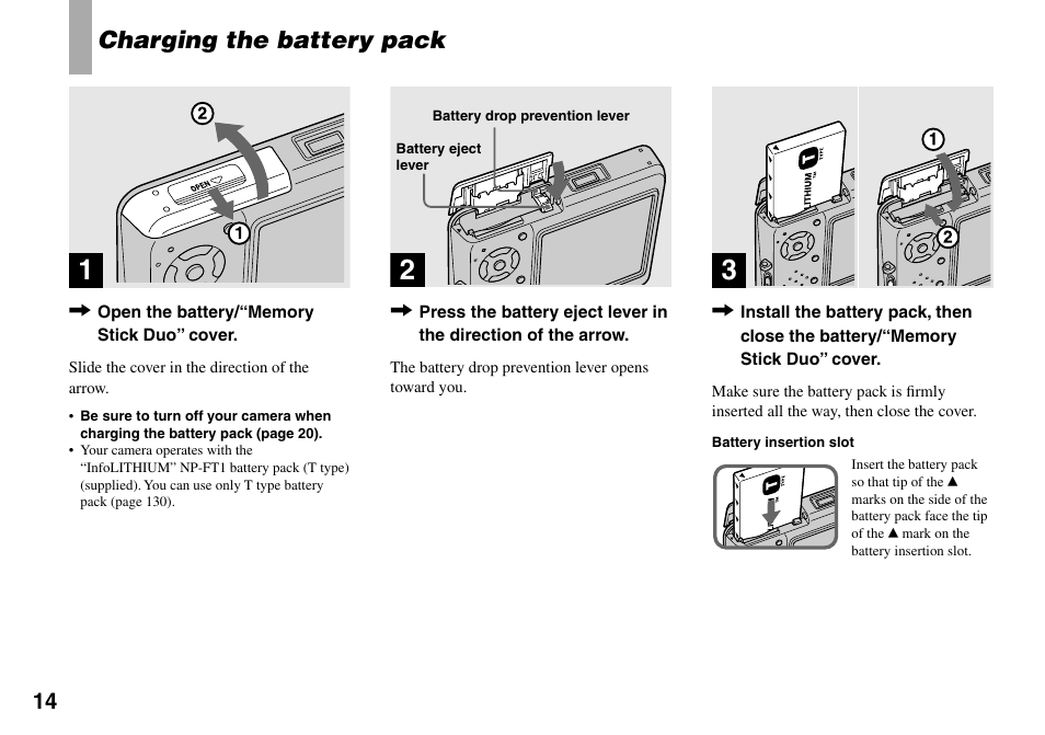 Getting started, Charging the battery pack | Sony DSC-T33 User Manual | Page 14 / 144