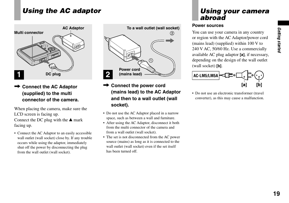 Using the ac adaptor, Using your camera abroad, Using the ac adaptor using your camera abroad | Sony DSC-T33 User Manual | Page 19 / 144