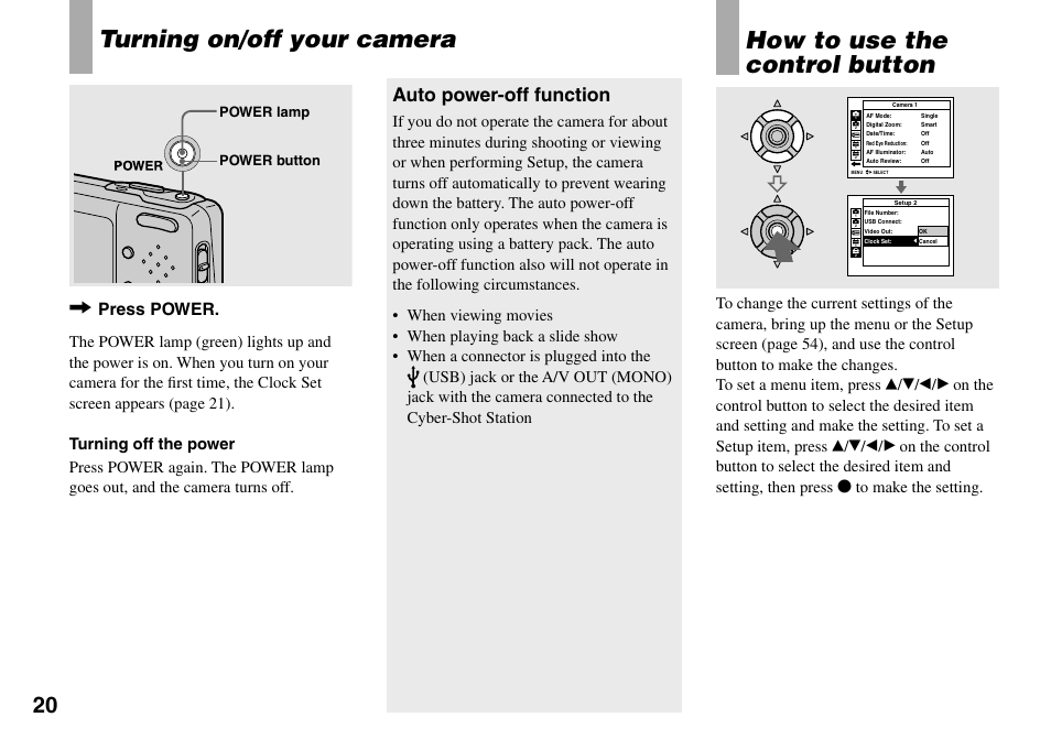 Turning on/off your camera, How to use the control button, Auto power-off function | Press power | Sony DSC-T33 User Manual | Page 20 / 144