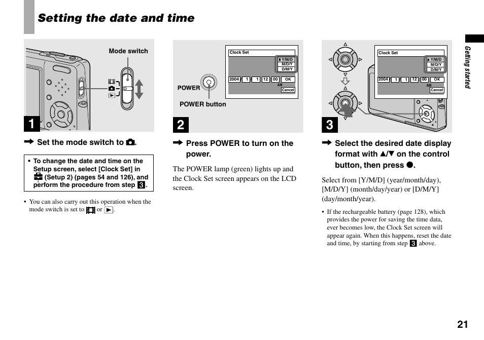 Setting the date and time, Set the mode switch to, Press power to turn on the power | Sony DSC-T33 User Manual | Page 21 / 144