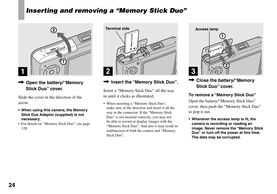 Shooting still images, Inserting and removing a “memory stick duo, Inserting and removing a “memory stick | Sony DSC-T33 User Manual | Page 24 / 144