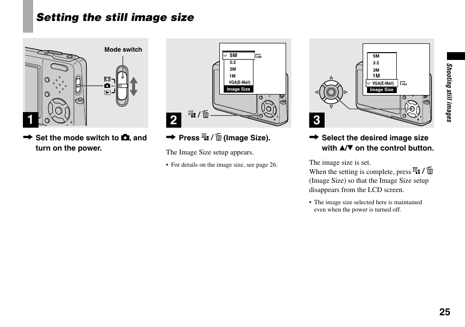 Setting the still image size | Sony DSC-T33 User Manual | Page 25 / 144