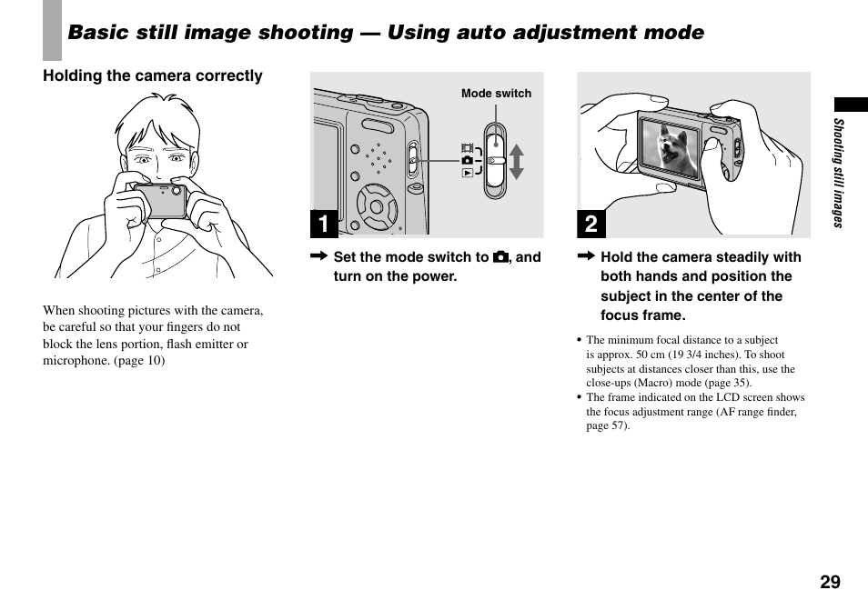 Basic still image shooting, Using auto adjustment mode | Sony DSC-T33 User Manual | Page 29 / 144