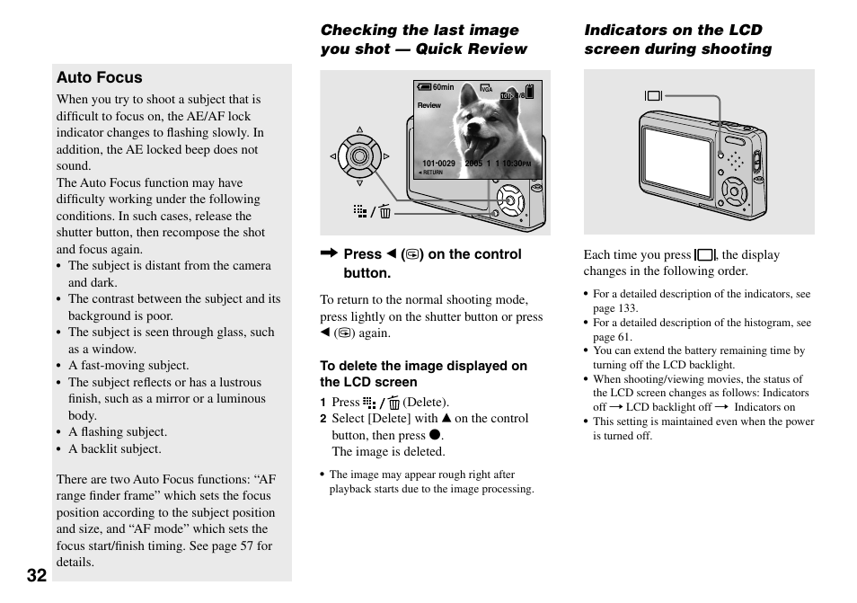 Checking the last image you shot — quick review, Indicators on the lcd screen during shooting, Checking the last image you shot | Quick review, Indicators on the lcd screen during, Shooting, Auto focus | Sony DSC-T33 User Manual | Page 32 / 144