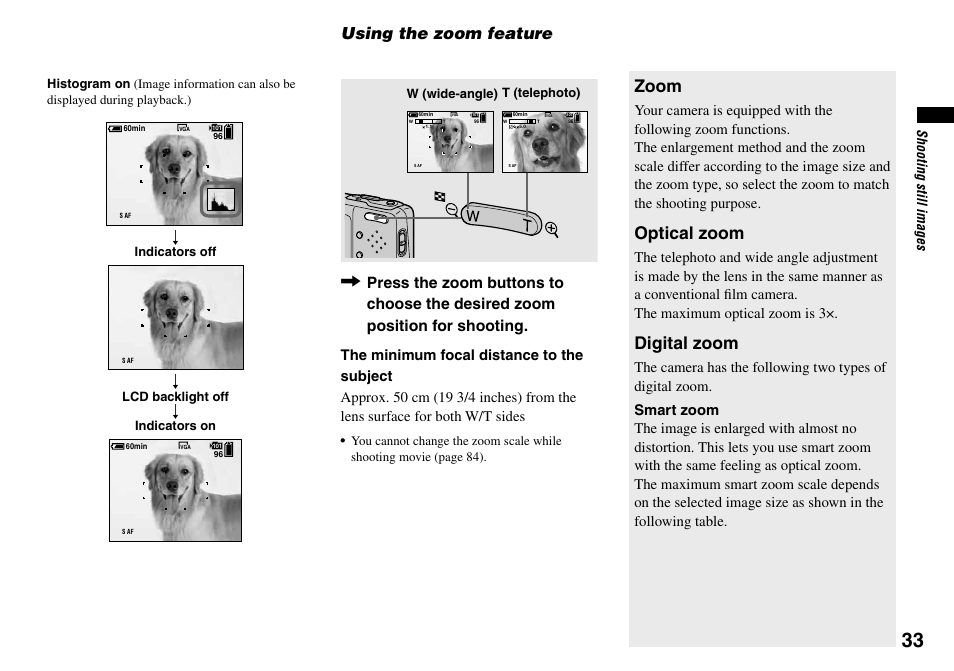 Using the zoom feature, Zoom, Optical zoom | Digital zoom, Shooting still image s | Sony DSC-T33 User Manual | Page 33 / 144