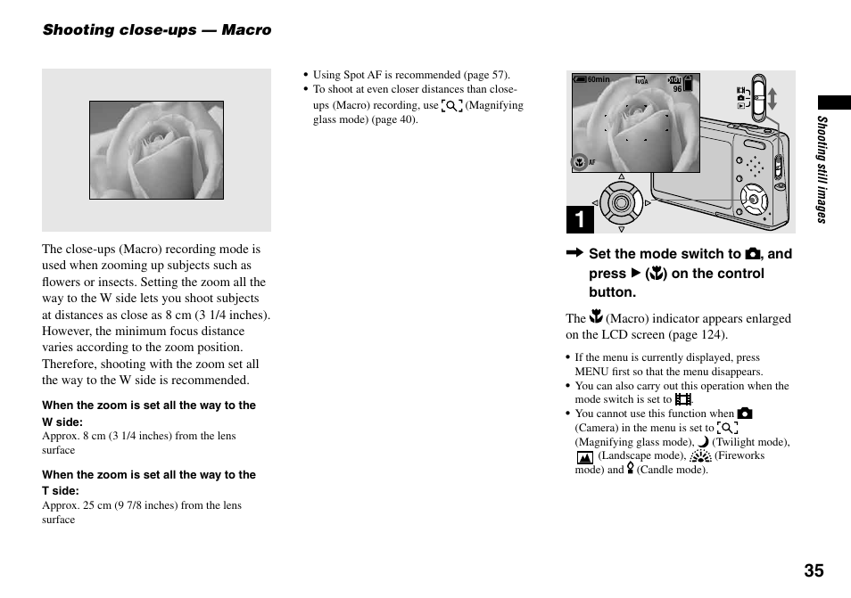 Shooting close-ups — macro | Sony DSC-T33 User Manual | Page 35 / 144