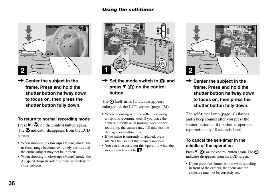 Using the self-timer | Sony DSC-T33 User Manual | Page 36 / 144