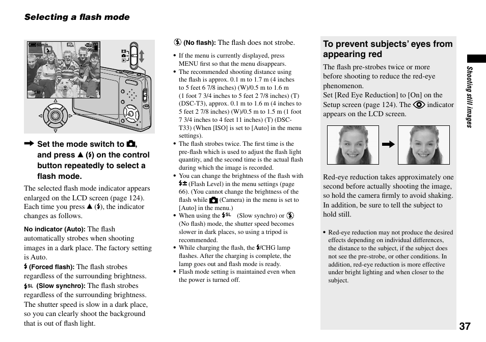 Selecting a flash mode, Selecting a ﬂash mode | Sony DSC-T33 User Manual | Page 37 / 144