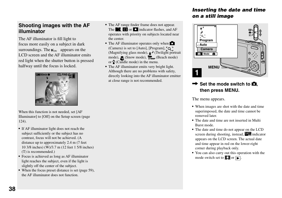 Inserting the date and time on a still image, Inserting the date and time on a still, Image | Shooting images with the af illuminator | Sony DSC-T33 User Manual | Page 38 / 144