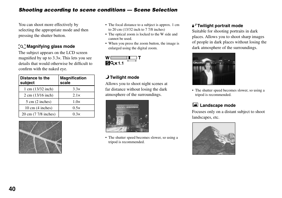 Shooting according to scene conditions, Scene selection | Sony DSC-T33 User Manual | Page 40 / 144