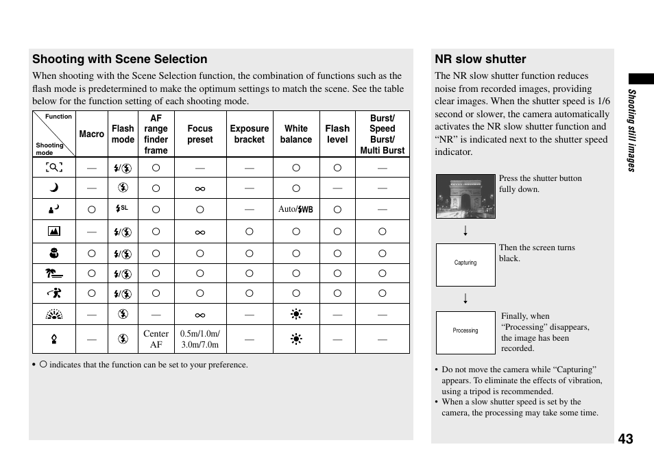 Shooting with scene selection, Nr slow shutter | Sony DSC-T33 User Manual | Page 43 / 144