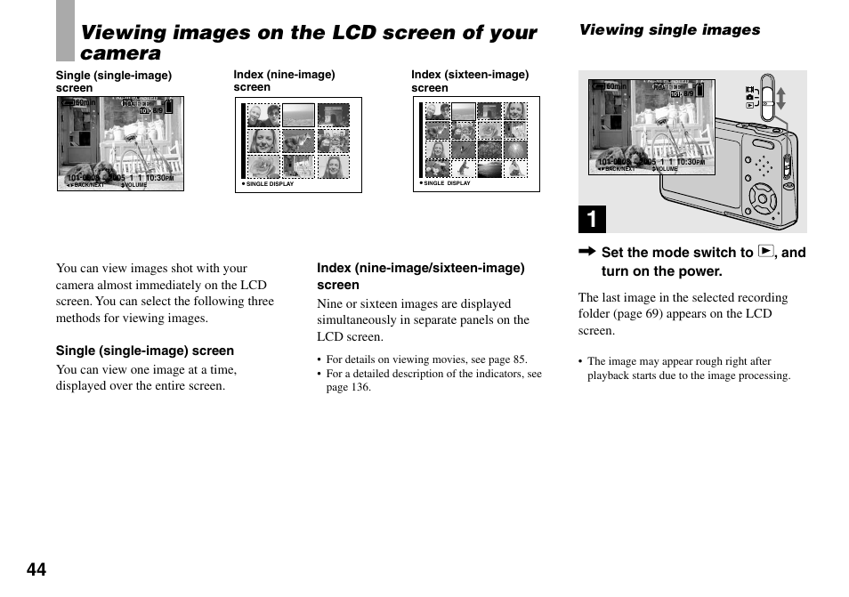 Viewing still images, Viewing images on the lcd screen of your camera, Viewing images on the lcd screen of | Your camera, Viewing single images, Set the mode switch to , and turn on the power | Sony DSC-T33 User Manual | Page 44 / 144