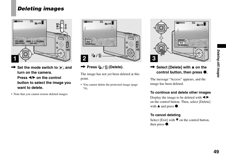 Deleting still images, Deleting images, Press (delete) | Sony DSC-T33 User Manual | Page 49 / 144