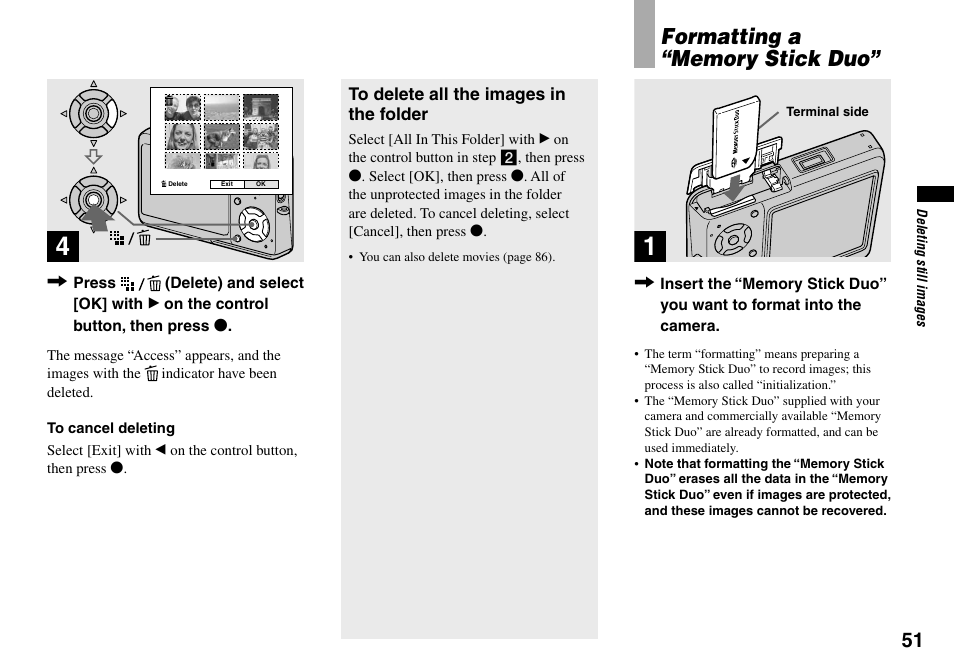 Formatting a “memory stick duo | Sony DSC-T33 User Manual | Page 51 / 144