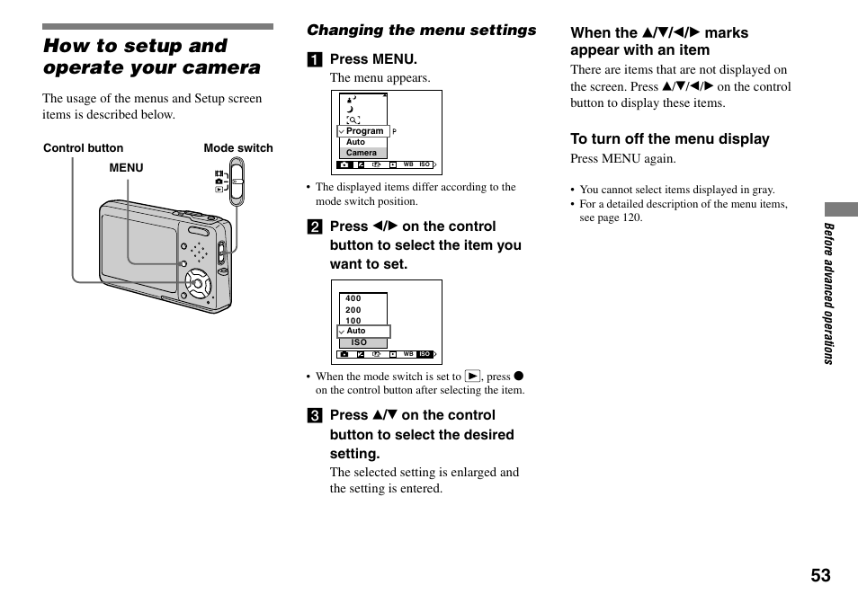 Before advanced operations, How to setup and operate your camera, Changing the menu settings | Sony DSC-T33 User Manual | Page 53 / 144