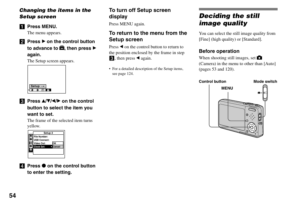 Changing the items in the setup screen, Deciding the still image quality, Changing the items in the setup | Screen | Sony DSC-T33 User Manual | Page 54 / 144