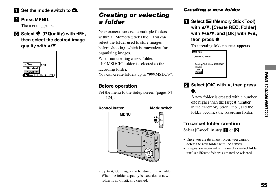 Creating or selecting a folder, Creating a new folder | Sony DSC-T33 User Manual | Page 55 / 144