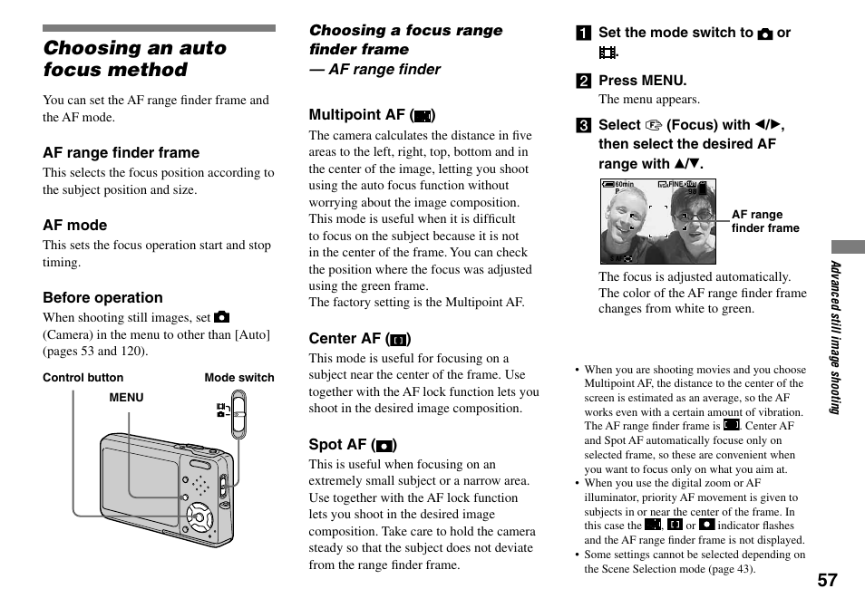 Advanced still image shooting, Choosing an auto focus method | Sony DSC-T33 User Manual | Page 57 / 144