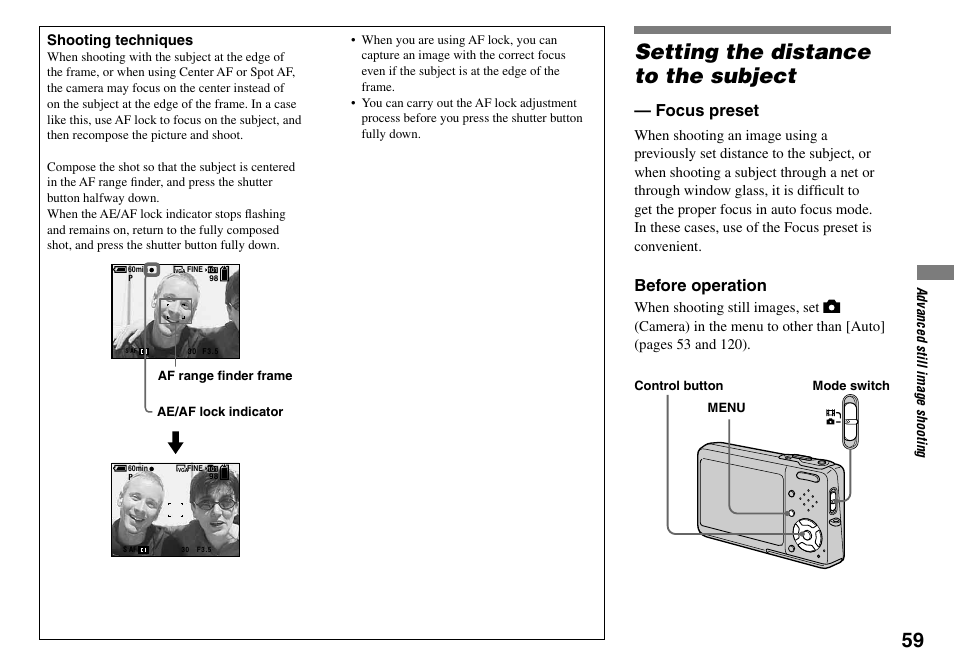 Setting the distance to the subject, Focus preset, Before operation | Sony DSC-T33 User Manual | Page 59 / 144