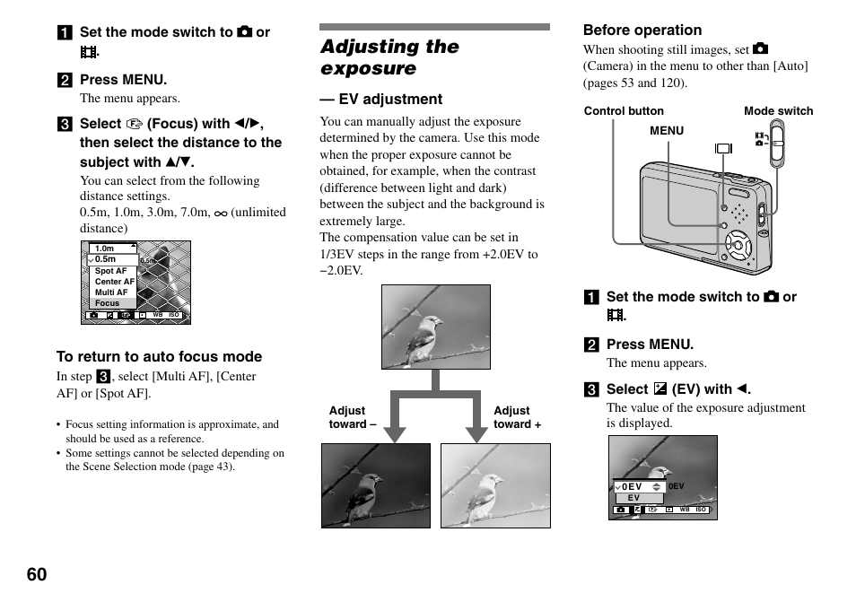 Adjusting the exposure, Ev adjustment | Sony DSC-T33 User Manual | Page 60 / 144