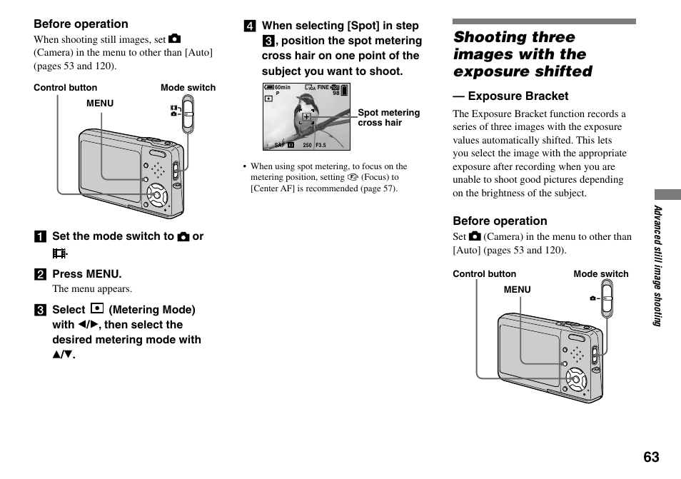 Shooting three images with the exposure shifted, Exposure bracket | Sony DSC-T33 User Manual | Page 63 / 144