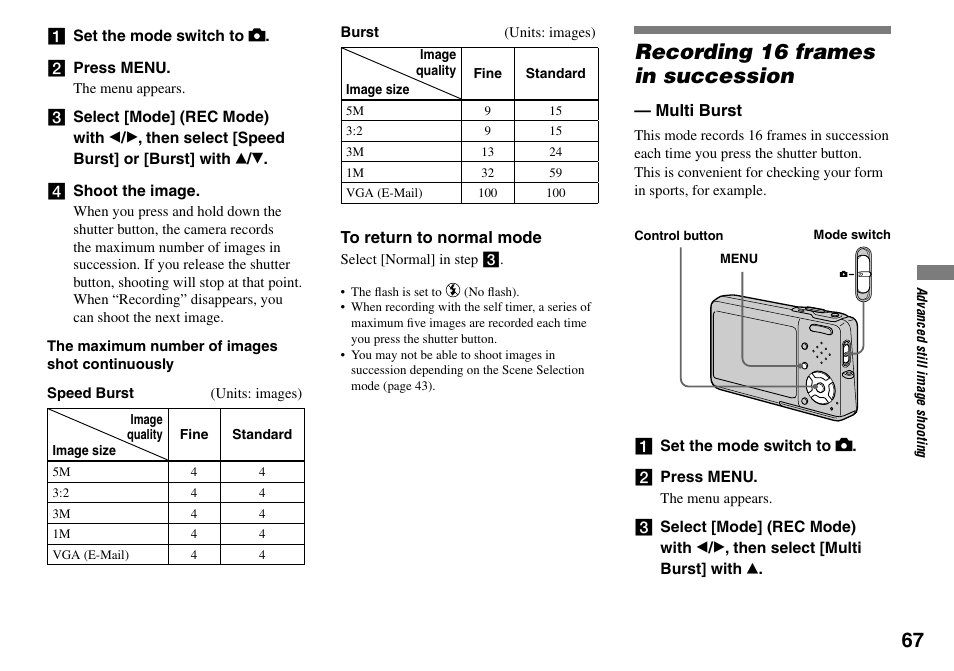Recording 16 frames in succession, Multi burst | Sony DSC-T33 User Manual | Page 67 / 144