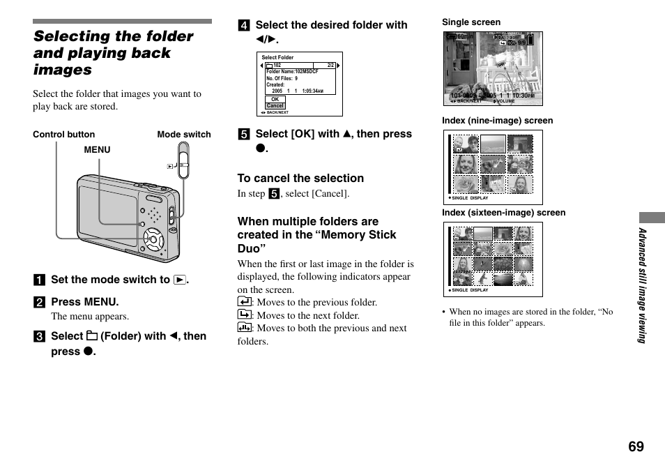 Advanced still image viewing, Selecting the folder and playing back images, Set the mode switch to .  press menu | Select [ok] with  , then press | Sony DSC-T33 User Manual | Page 69 / 144