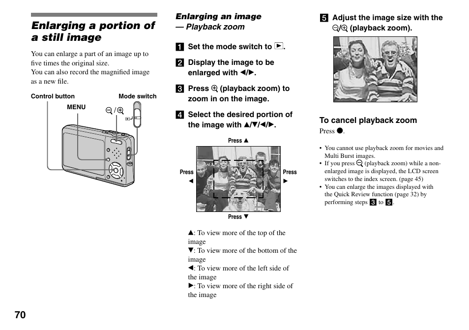 Enlarging a portion of a still image, Enlarging an image — playback zoom | Sony DSC-T33 User Manual | Page 70 / 144