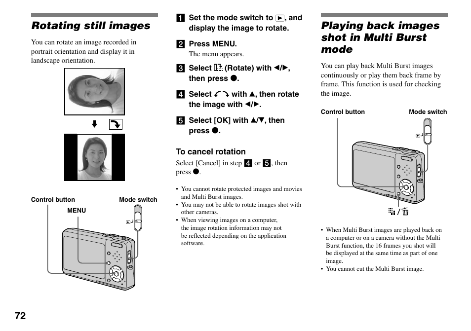 Rotating still images, Playing back images shot in multi burst mode | Sony DSC-T33 User Manual | Page 72 / 144